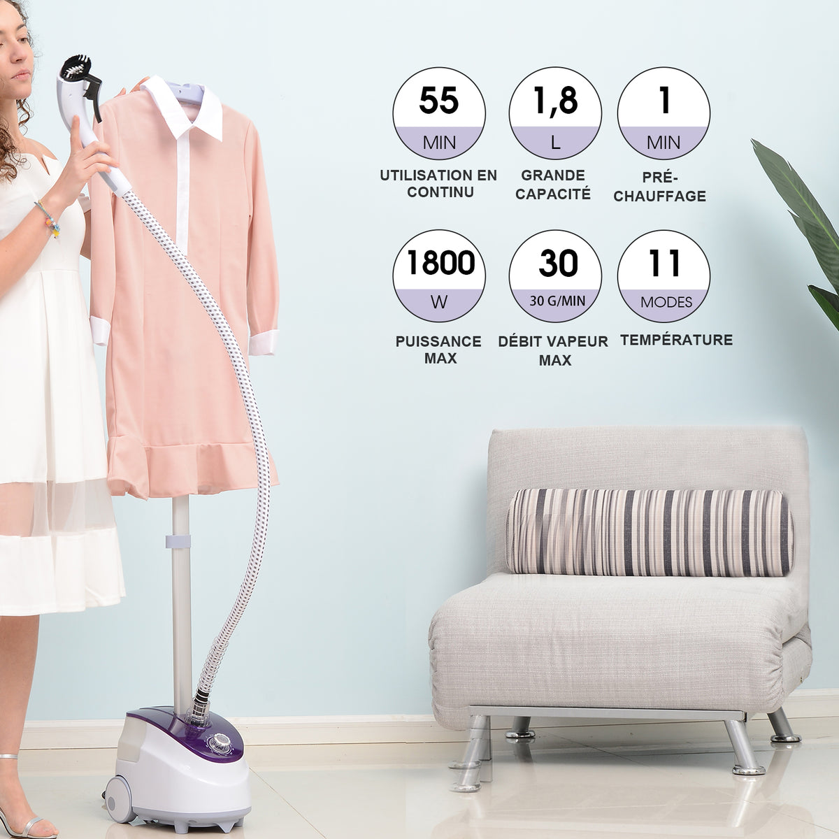 Défroisseur Vapeur Vertical Défroisseur à Vêtements 1,8 L 1800 W, Débit Vapeur 30g/min, Tige Télescopique, Blanc Violet-5