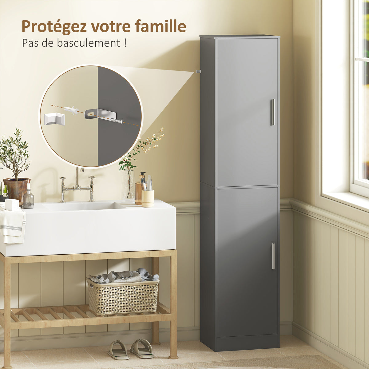 Meuble de salle de bain colonne avec 2 portes et 4 étagères réglables, 40 x 35 x 180 cm, gris-4