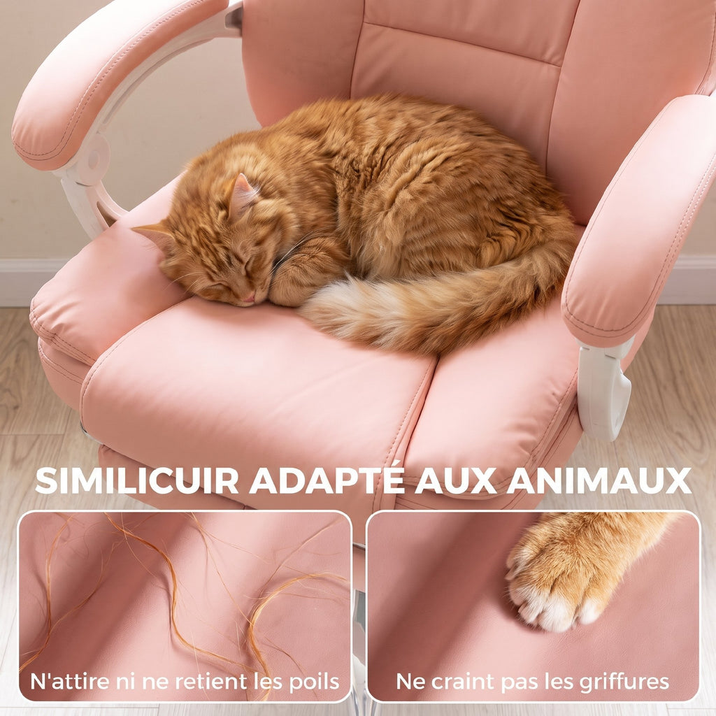 Chaise Bureau Ergonomique, Fauteuil de Bureau Inclinable en Cuir Synthétique Adapté aux Animaux, Hauteur Réglable, Rose-5