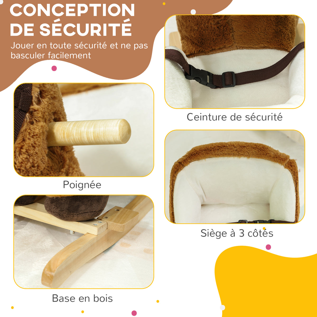 Cheval à bascule pour enfants jouet à bascule bébé de 18 à 36 mois avec effet sonore base en bois ceinture de sécurité-5