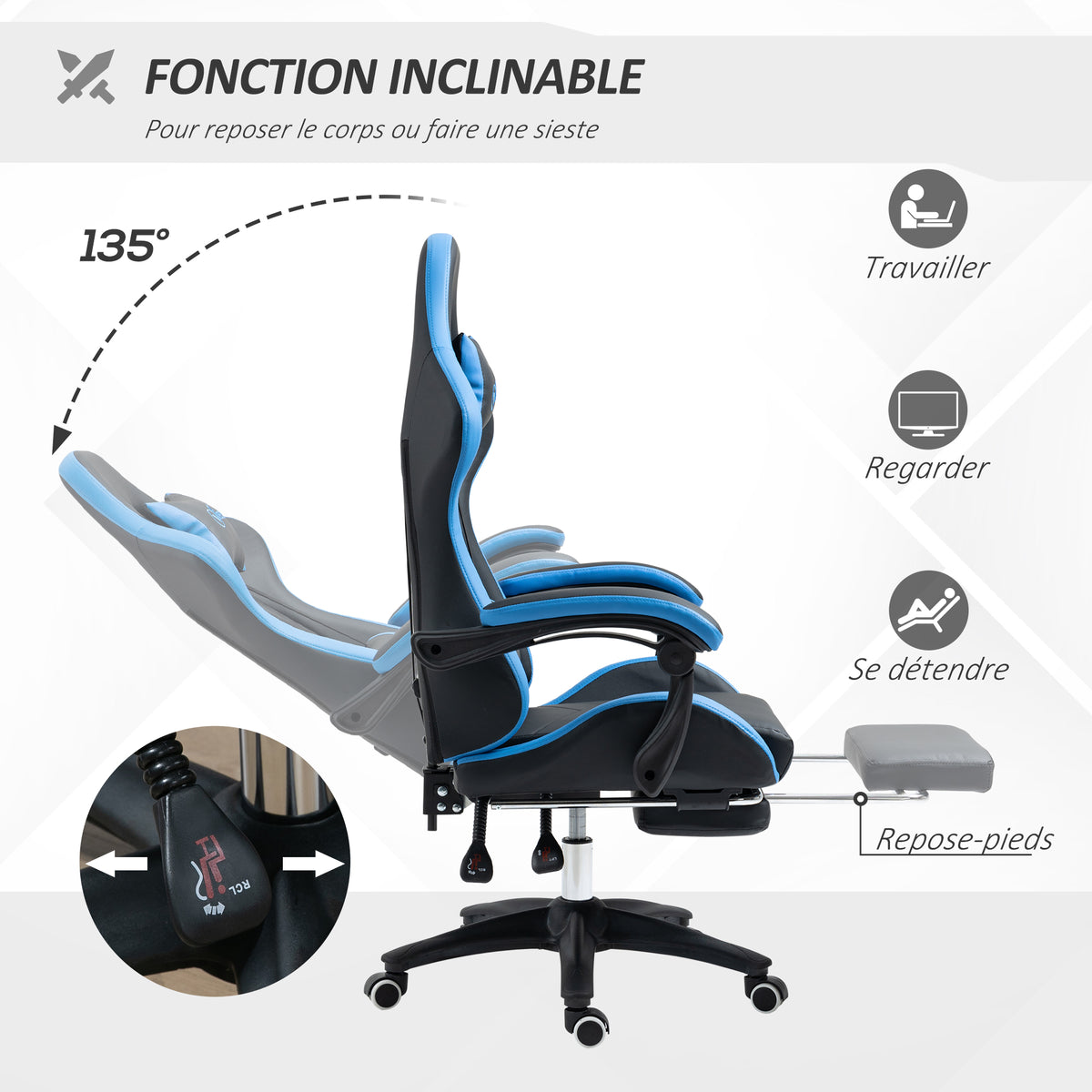 Chaise gaming fauteuil gaming ergonomique avec dossier inclinable à 135° et soutien lombaire, 65 x 65 x 121-129 cm noir-4