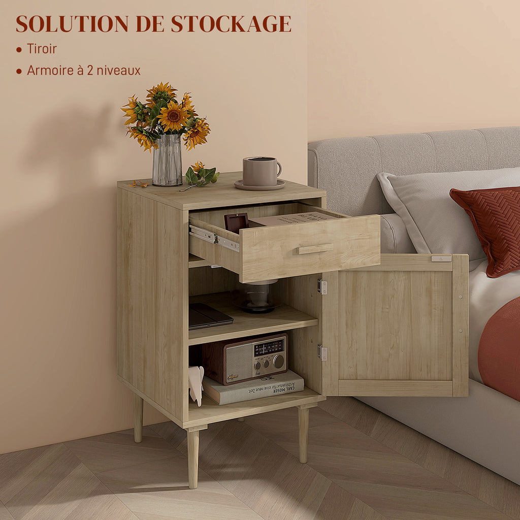Lot de 2 tables de chevet avec placard et étagère porte rotin tissé 1 tiroir design bohème - 40 x 40 x 68,5 cm naturel-4
