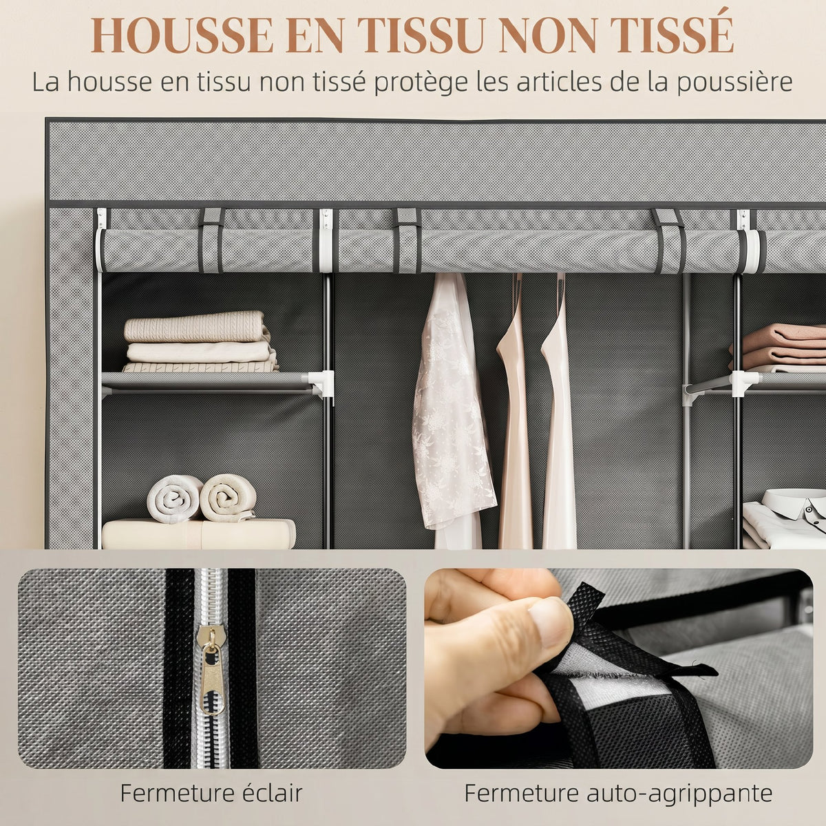 Armoire de rangement penderie en tissu pliable avec barre de suspension et étagères, 150 x 43 x 162,5 cm, gris clair-4