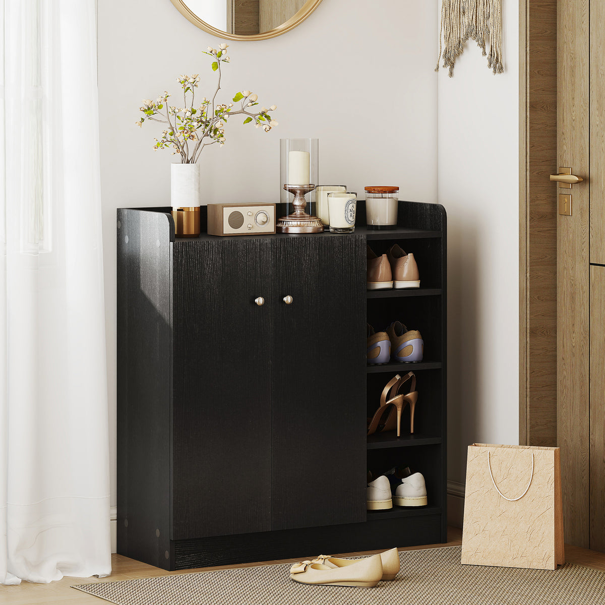 Meuble de rangement à chaussures pour entrée 12 paires - armoire à chaussures avec 4 compartiments ouverts- noir-1