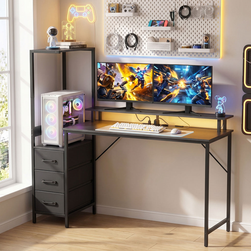Bureau Gaming 147 x 47 cm, Éclairage RGB, Prises et Ports USB, Support pour Unité Centrale Réglable et Réversible, Noir-7