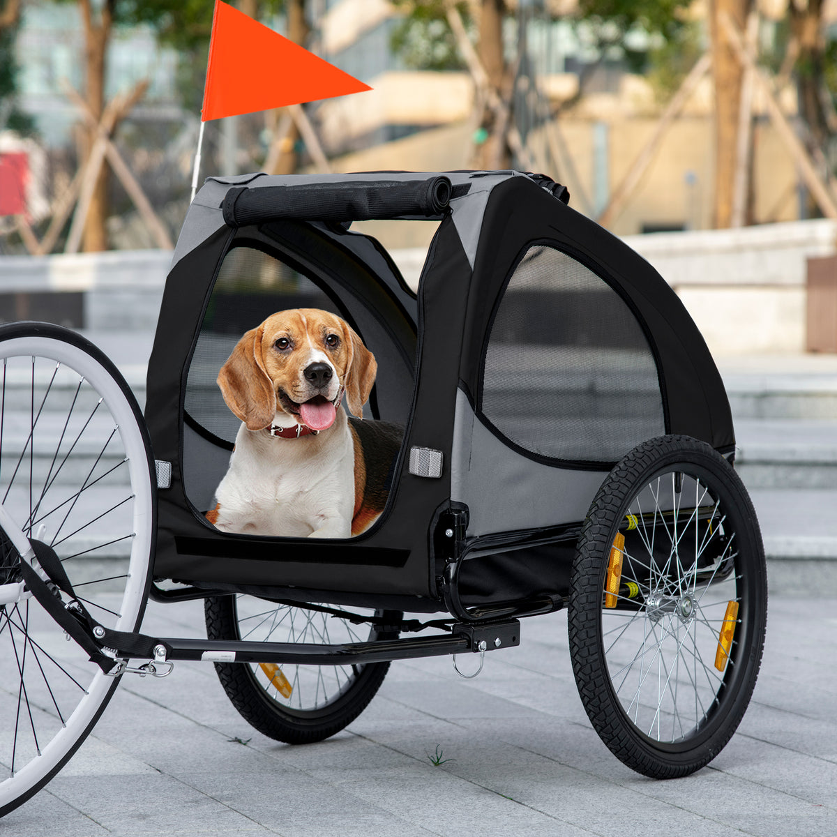 Remorque de vélo pour chien avec fenêtres en maille réflecteurs et drapeau de sécurité 140 x 71 x 83 cm noir-9