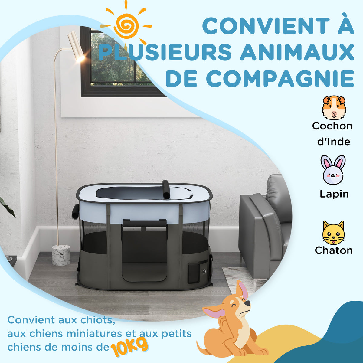 Parc enclos pliable pour chien chat petits animaux en tissu Oxford avec rangement 94 x 74 x 60 cm gris et noir-3