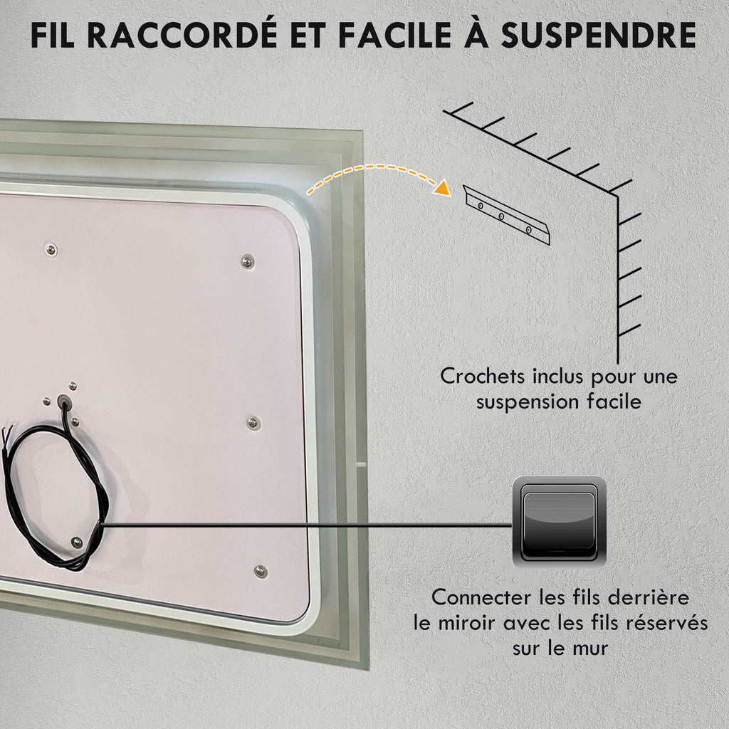 Miroir de salle de bain rectangulaire mural lumineux LED horizontal ou vertical, 100 x 60 cm-7