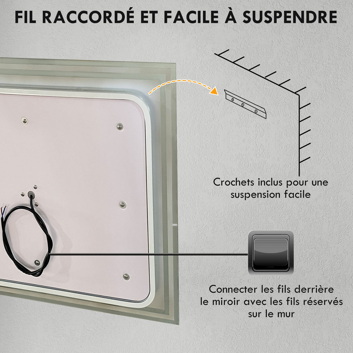 Miroir de salle de bain rectangulaire mural lumineux LED horizontal ou vertical, 100 x 60 cm-7