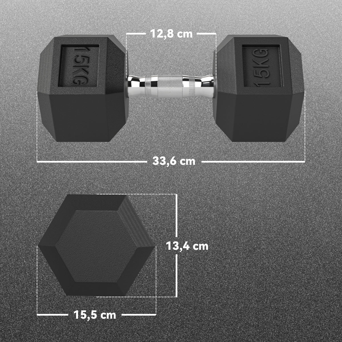 Haltère courte poids 15 Kg - 1 pièce, Haltère hexagonale entraînement musculaire & haltérophilie - métal caoutchouc noir-2