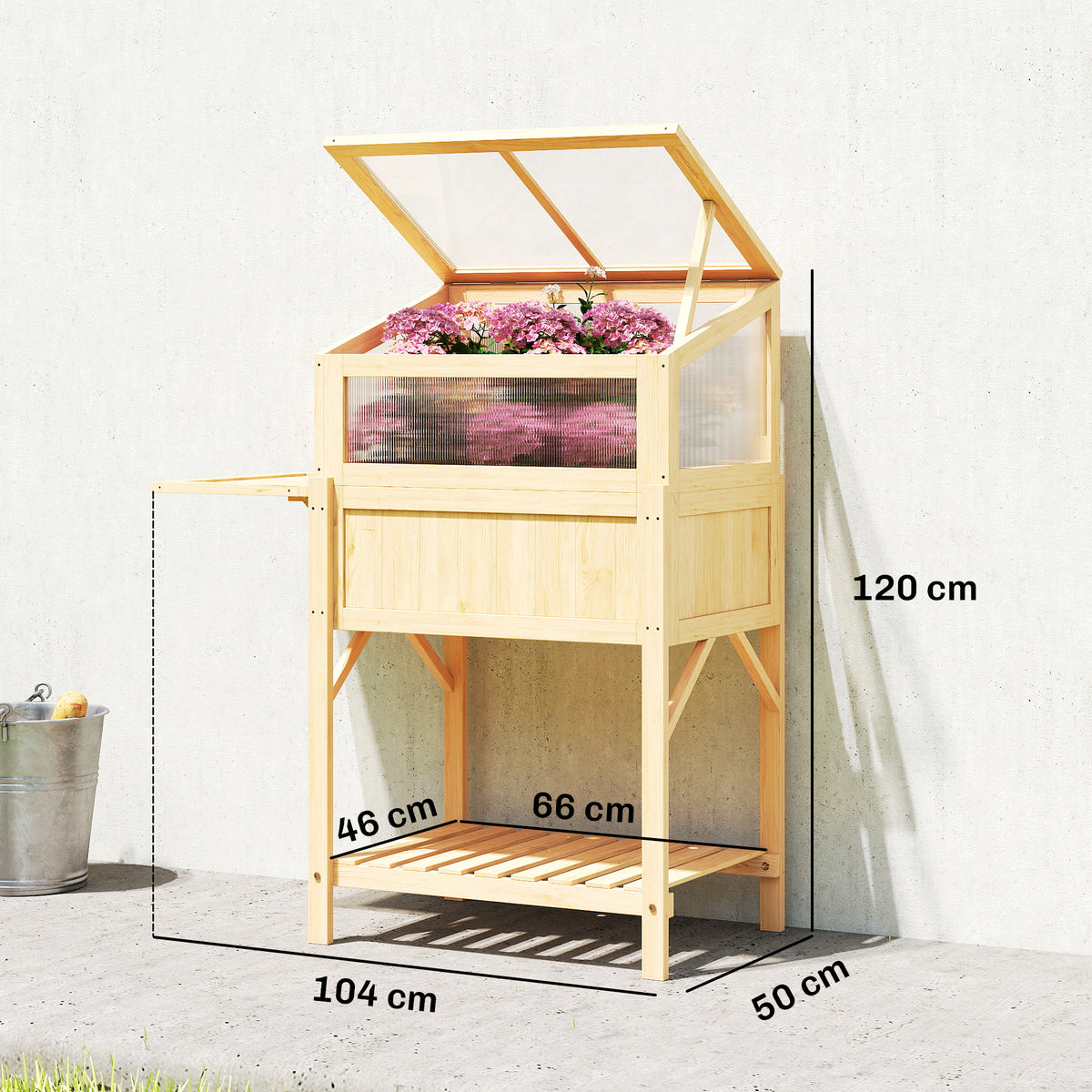 Carré potager sur pieds avec serre, jardinière surélevée, table latérale pliante et étagère, 104x50x120cm, bois naturel-2