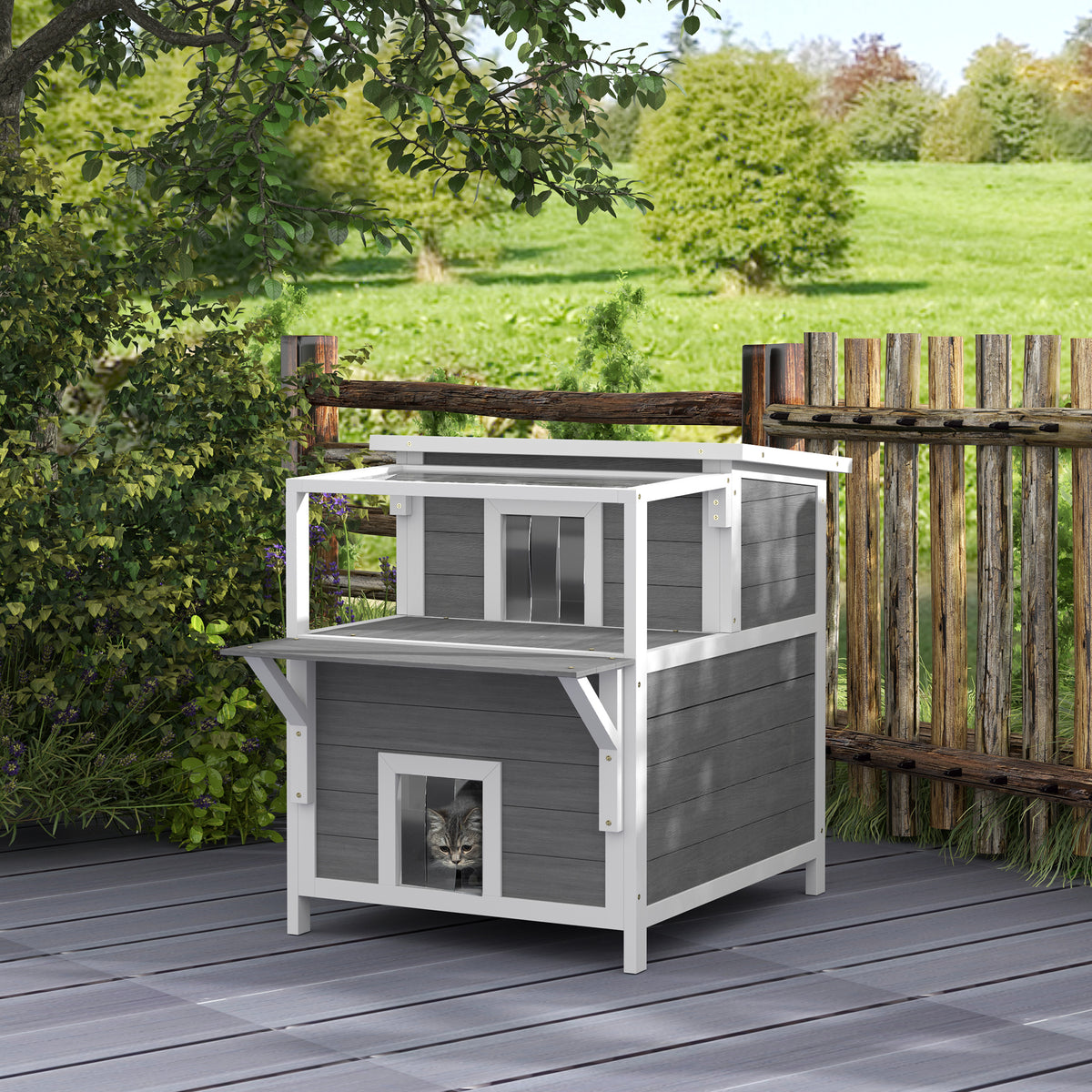 Maison pour chats 2 niveaux avec balcon abrité, toit ouvrable, extérieur, intérieur, gris clair-9