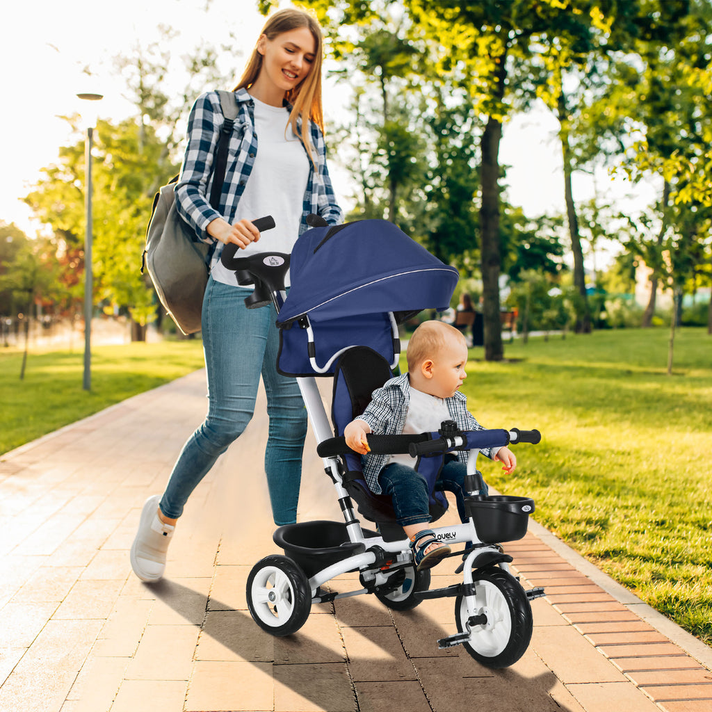 Tricycle 6 en 1 pour enfants, poignée de poussée, siège réversible, panier, auvent, ceinture de sécurité, 1-5 ans, bleu-9