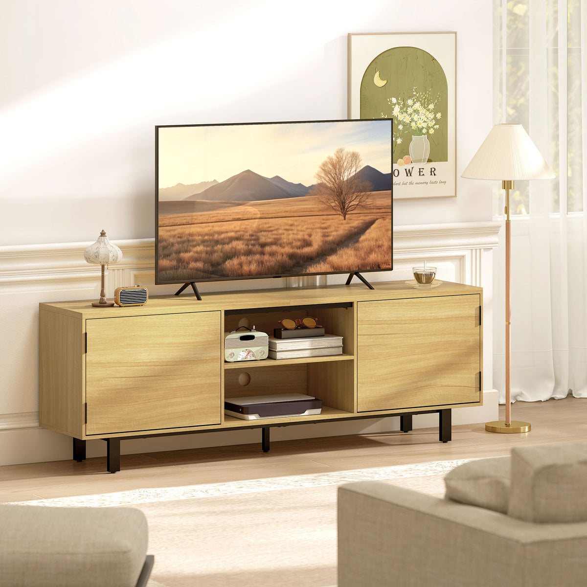 Meuble TV, meuble télé jusqu'à 65 pouces, 2 portes à ouverture par pression et 2 étagères, 160x35x55,5cm, bois naturel-1