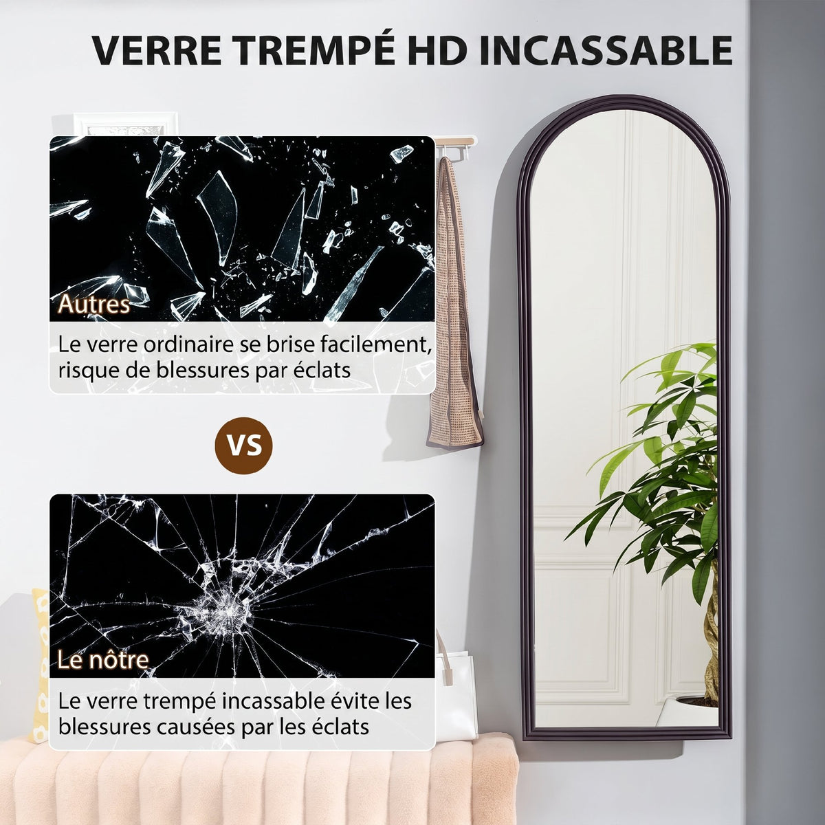Miroir de sol arqué pleine longueur miroir sur pied cadre en effet imitation pierre pour salon chambre 53x163cm marron-5