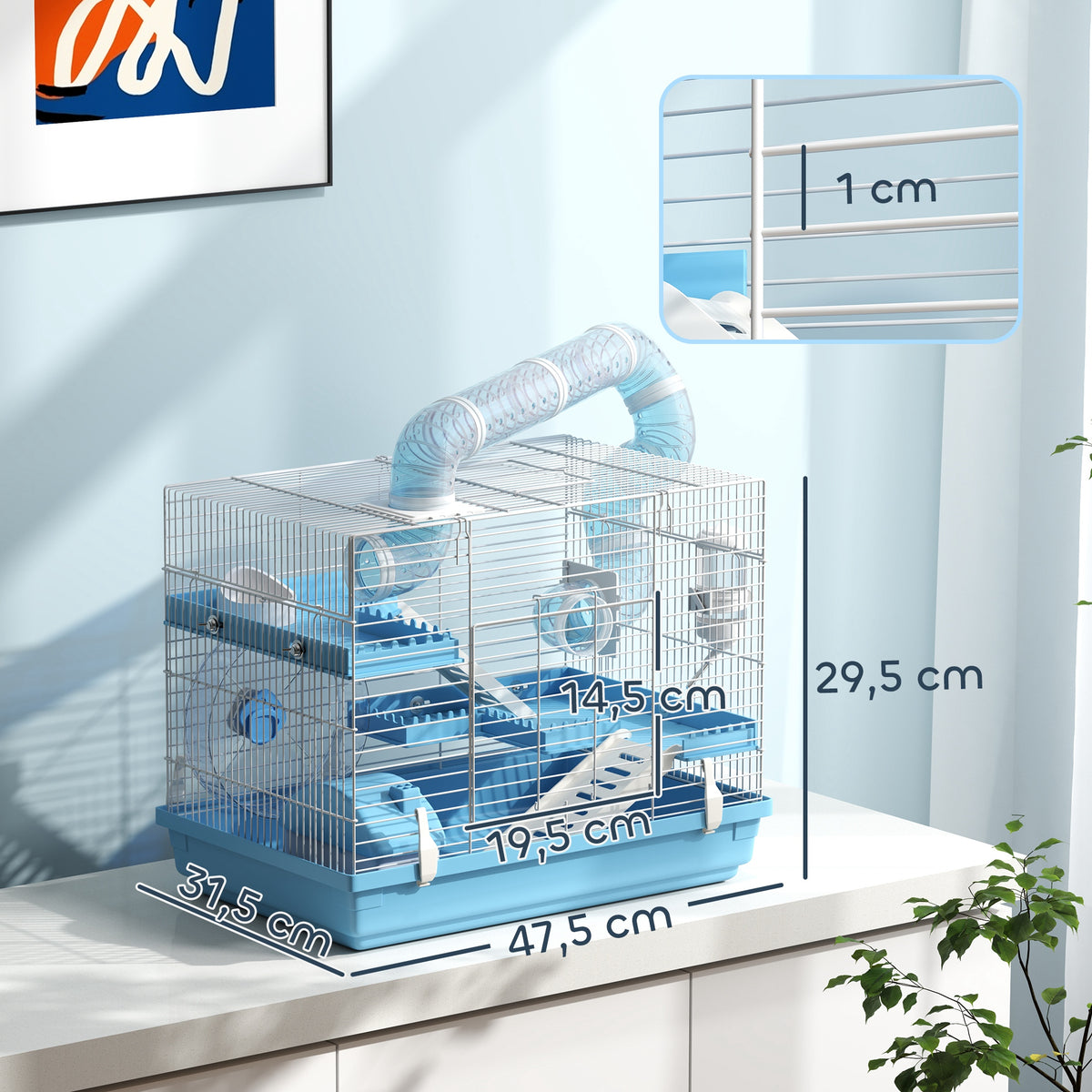 Cage pour hamster portable avec cabane, roue de course, gamelle, bouteille d'eau, 47,5 x 31,5 x 29,5 cm, bleu clair-2