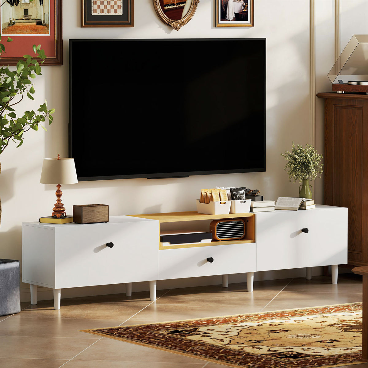 Meuble TV, meuble télé pour téléviseur jusqu'à 90 pouces avec 2 portes rabattables, tiroir, 200 x 35 x 45 cm, blanc-8