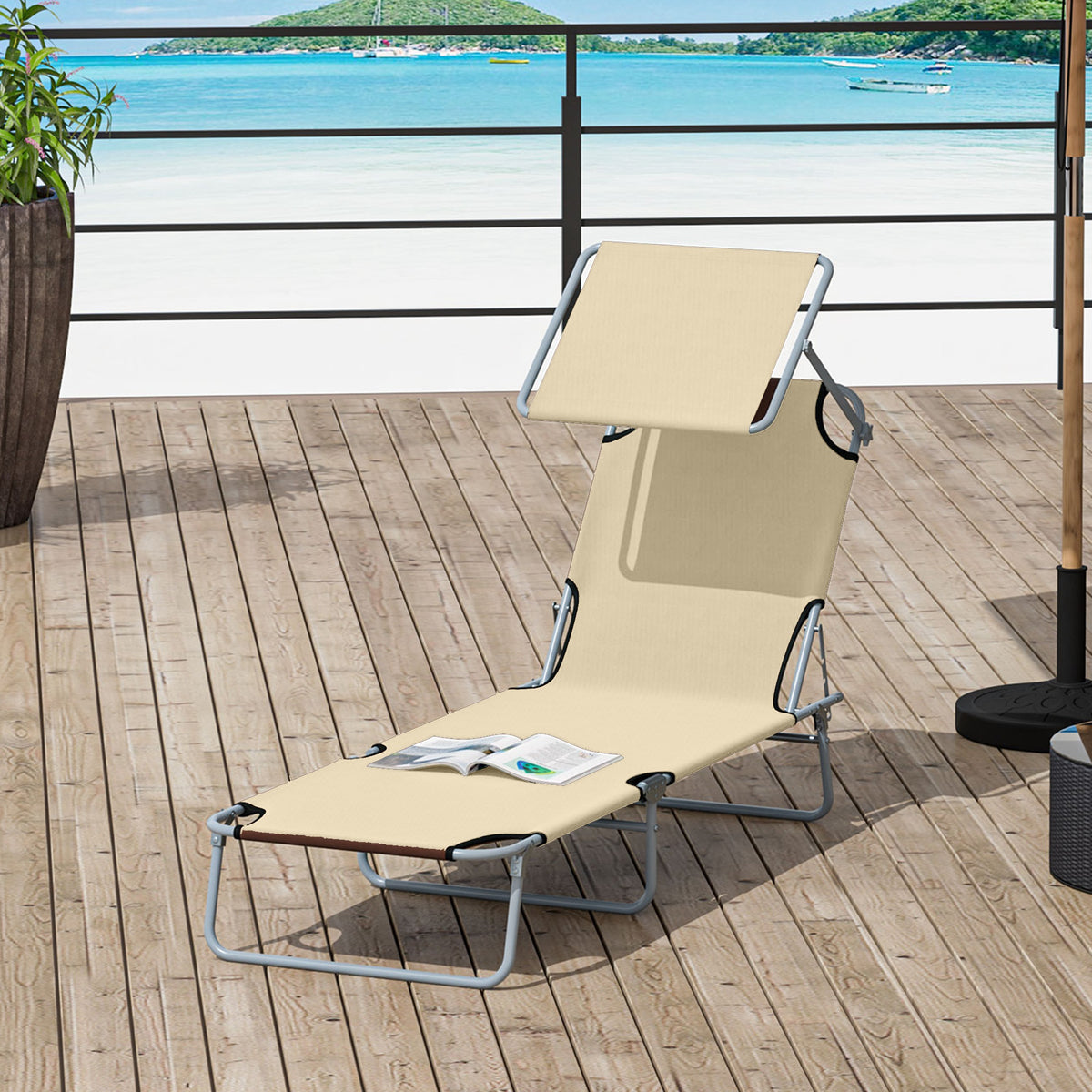 Transat Bain de Soleil Pliable Chaise Longue Pliante Dossier Inclinable Multi-positions et Pare-Soleil réglable-9