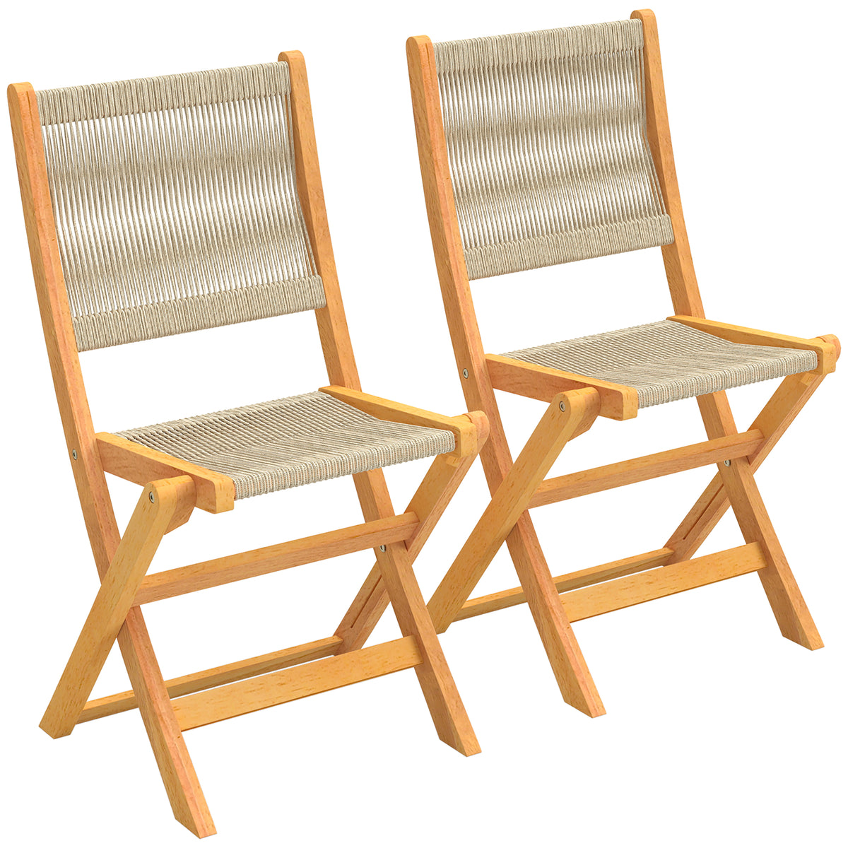 Lot de 2 Chaises de Jardin Pliantes Chaises de Balcon en Bois d'Acacia Assise en Corde Tressée Naturel et Beige-0