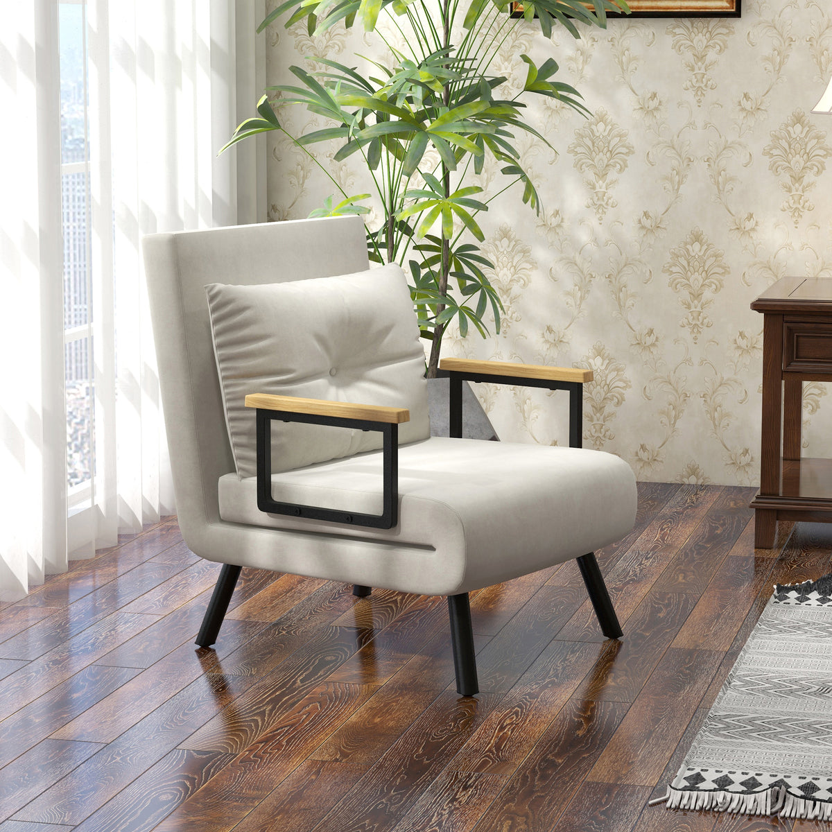Fauteuil convertible 4 en 1 lit 1 place dossier 5 positions, accoudoirs en bois et coussin, tissu effet velours, crème-1