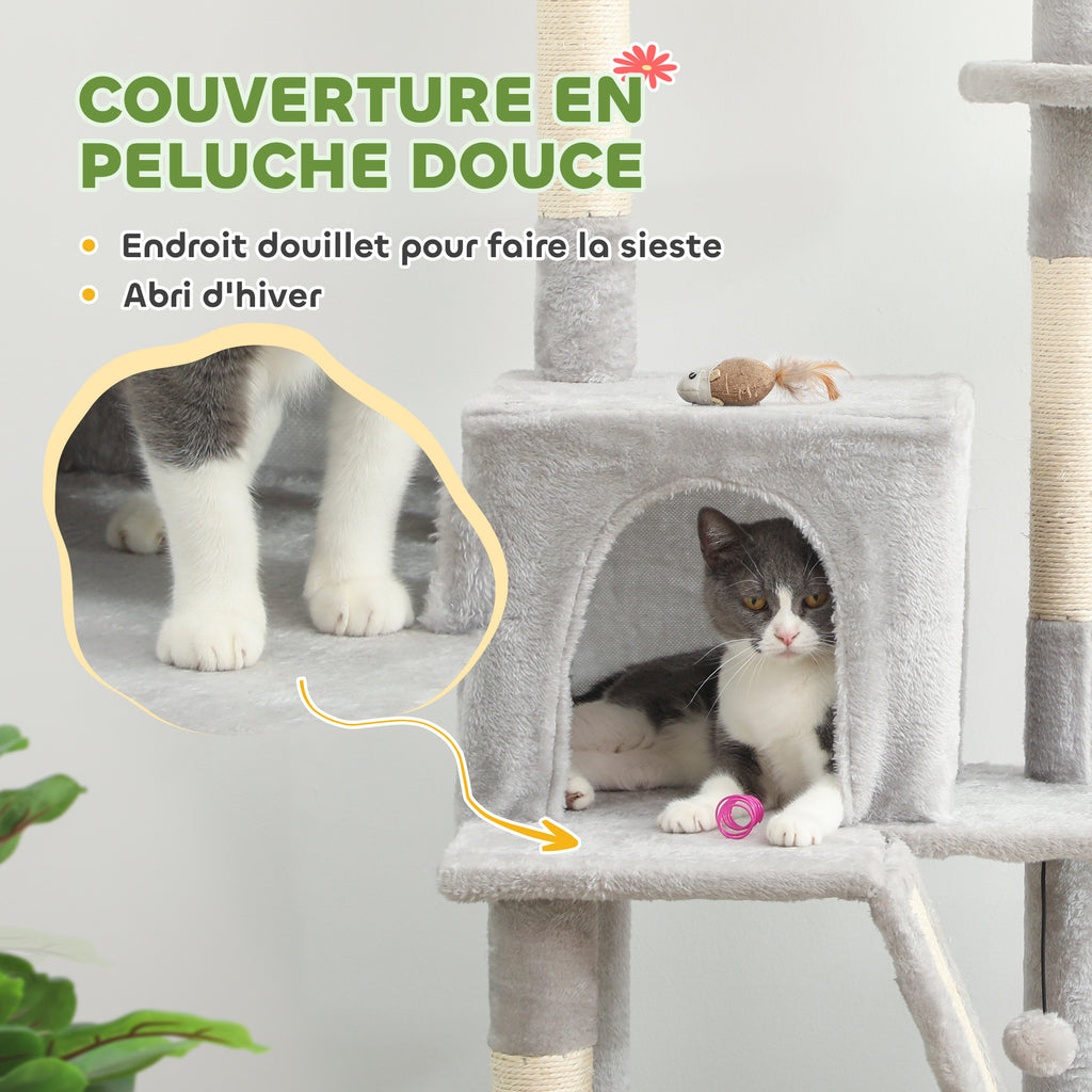 Arbre à chat du sol au plafond griffoir pour chat hauteur réglable 225-255 cm 6 niveaux avec niche hamac gris clair-8
