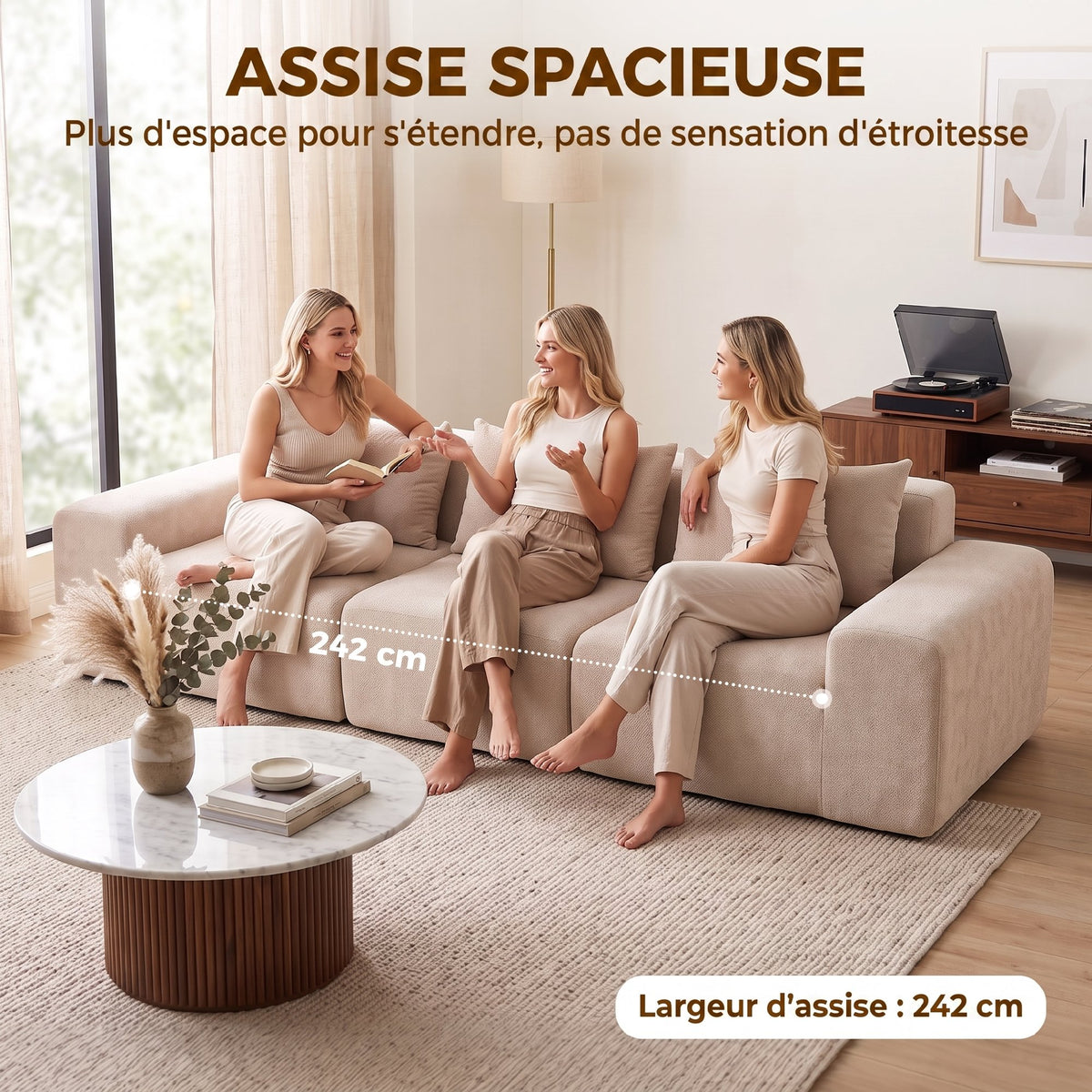Canapé 3 Places en Chenille 320 cm, Canapé Modulaire, Assise et Accoudoirs Extra-Larges, Entièrement Compressé, Beige-3