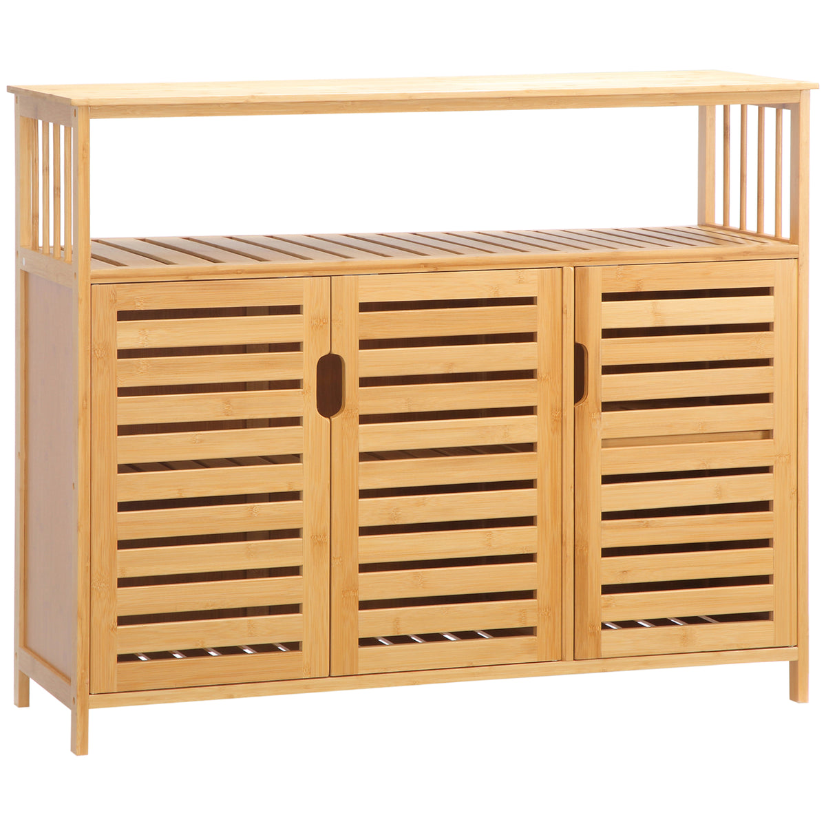 Buffet meuble de rangement 3 portes ajourées et étagères en bambou 100 x 35 x 82 cm naturel-0