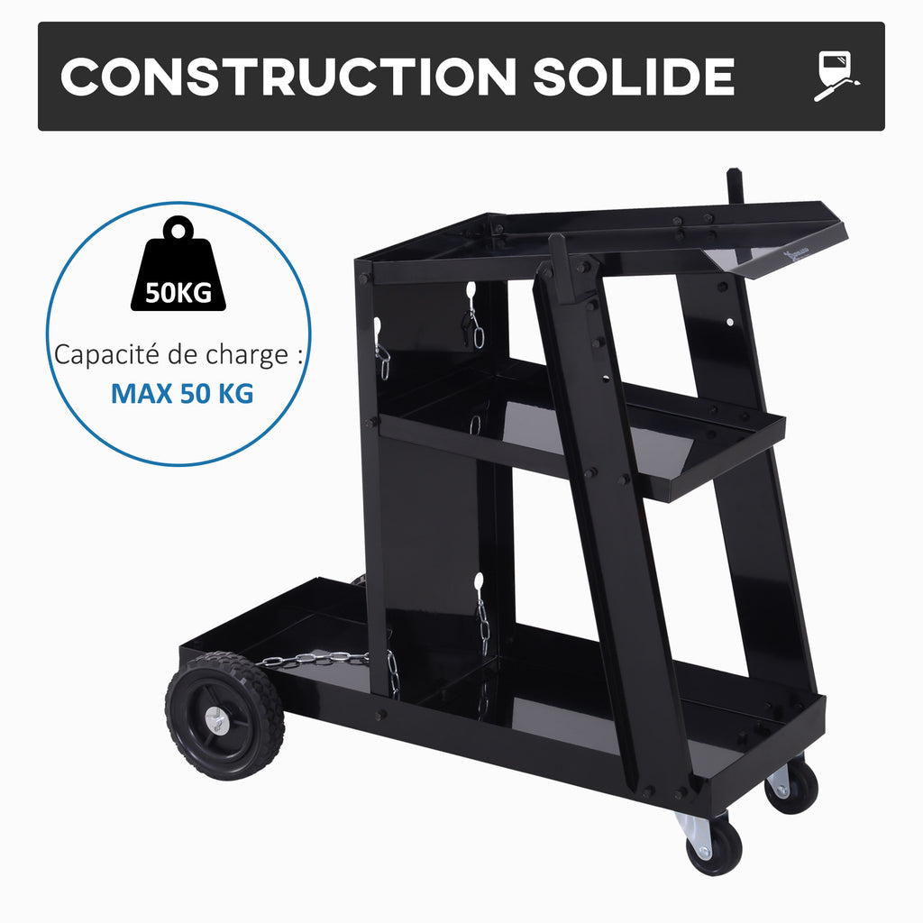 Chariot de soudage mobile à 3 niveaux avec 4 roues, porte-bouteille de gaz et chaînes de sécurité, charge 50 KG, noir-5