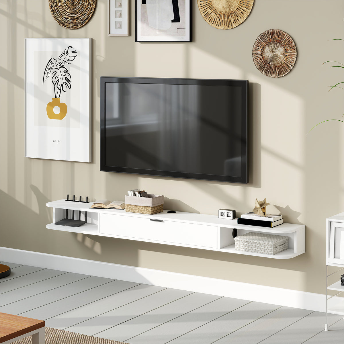 Meuble TV Suspendu, Meuble Télé pour Téléviseur jusqu'à 75 Pouces, Tiroir Rabattable, 2 Étagères, 180x24x16cm, Blanc-8