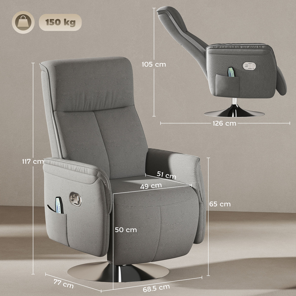 Fauteuil relax massant fauteuil de relaxation inclinable pivotant dossier et repose-pieds réglable 68,5x77x117cm gris-2