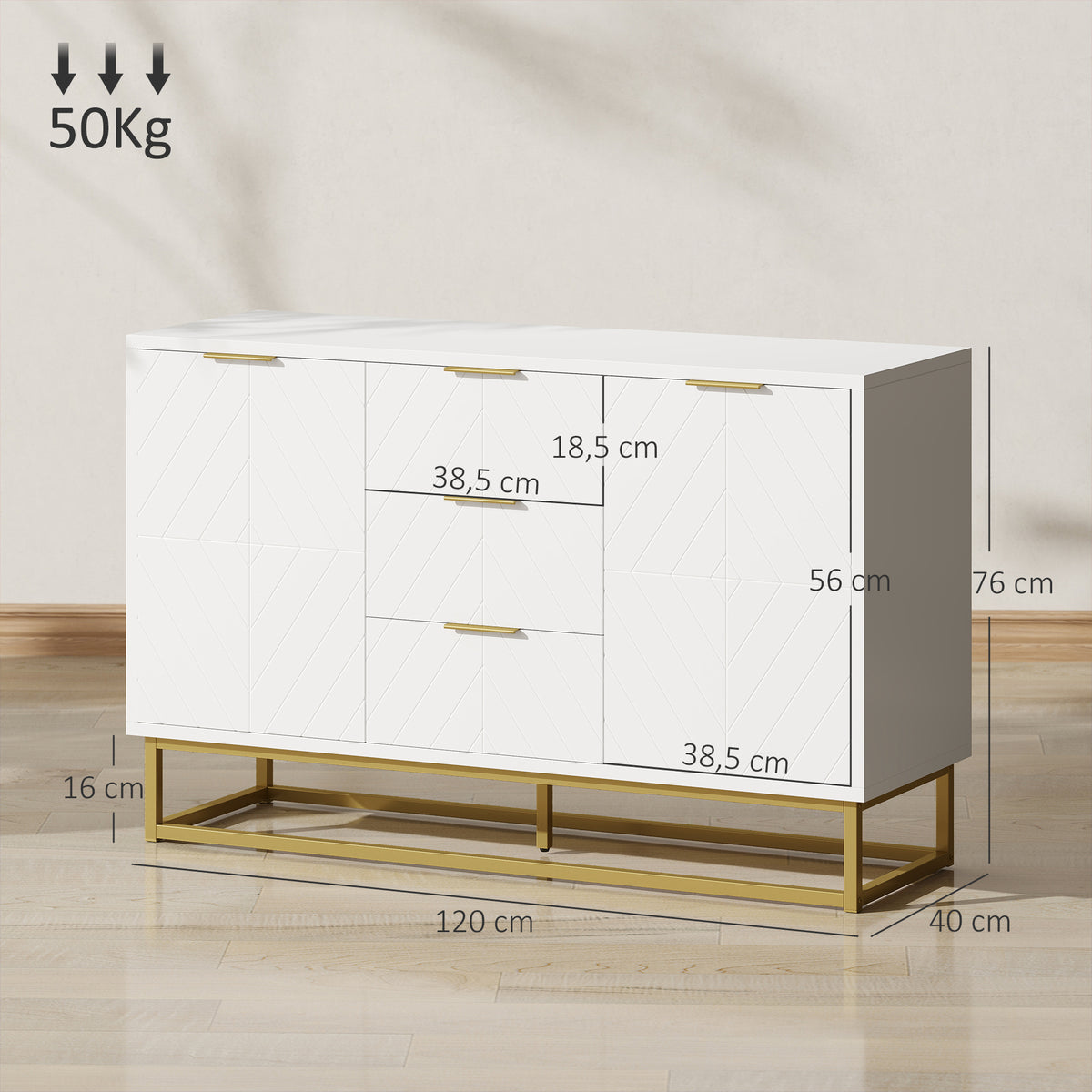 Buffet, meuble cuisine rangement, design contemporain graphique, 2 placards porte, étagères réglables, 3 tiroirs coulissants, bois blanc métal doré, 120 x 40 x 76 cm-2