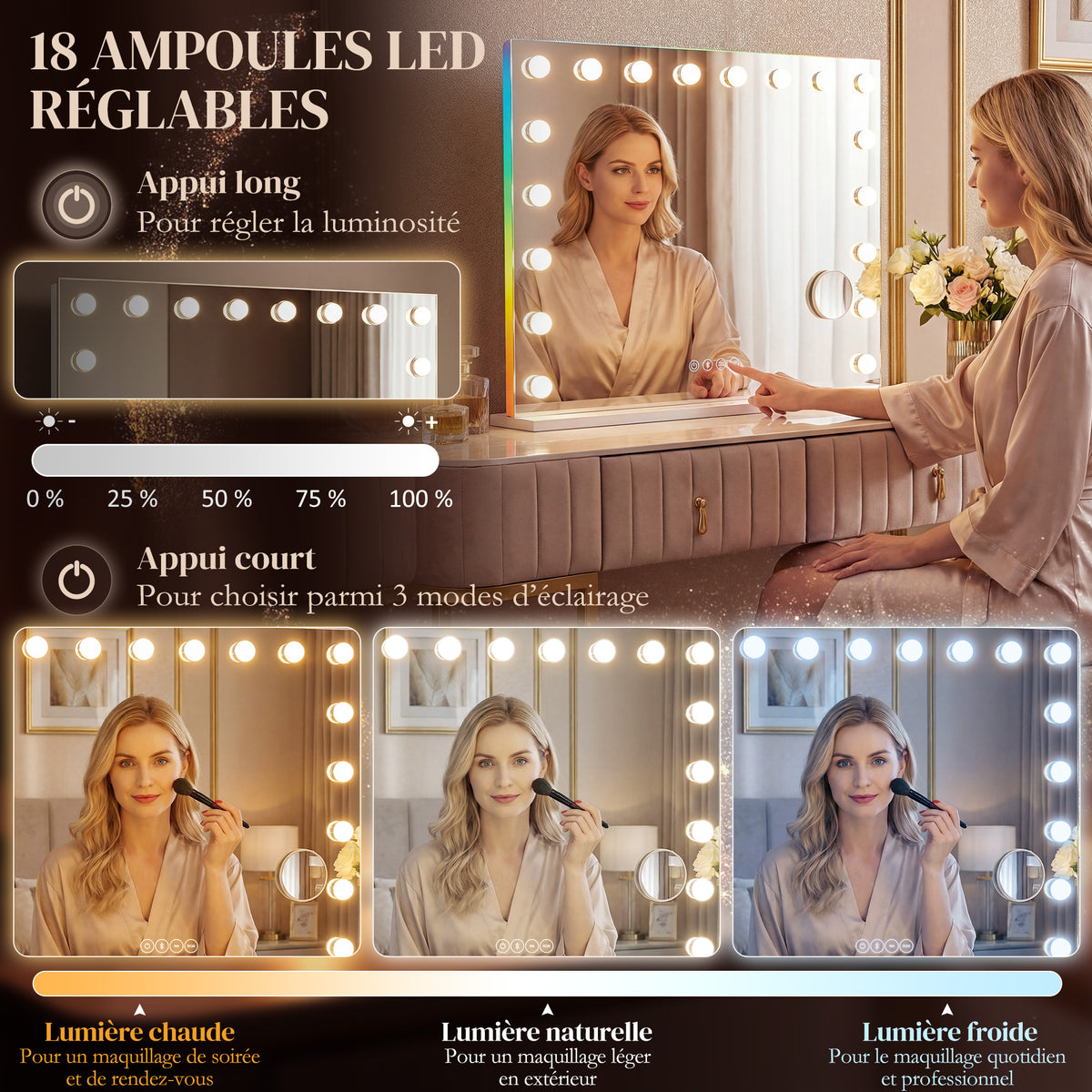 Miroir maquillage Hollywood 18 ampoules LED, 3 couleurs d'éclairage, lumière RGB, haut-parleur Bluetooth, blanc-4