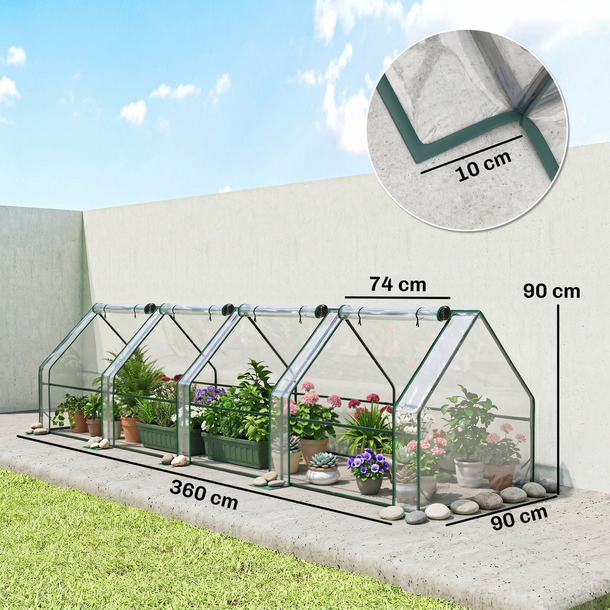 Mini Serre de Jardin mini serre tunnel 4 fenêtres avec Zip enroulables Acier PE 140 g/m² Anti-UV 360x90x90cm Transparent-2