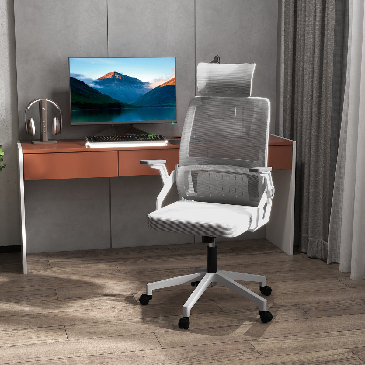 Fauteuil de bureau réglable tissu maille polyester dossier ergonomique inclinable pivotant Gris-9
