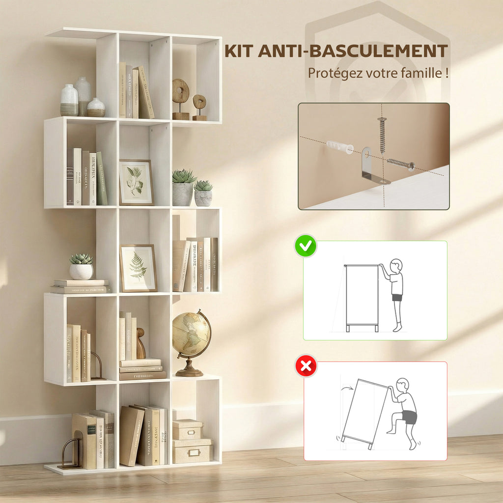 Bibliothèque à 5 niveaux, étagère de rangement en forme S avec 15 compartiments ouverts, 80 x 24 x 200 cm, blanc-6