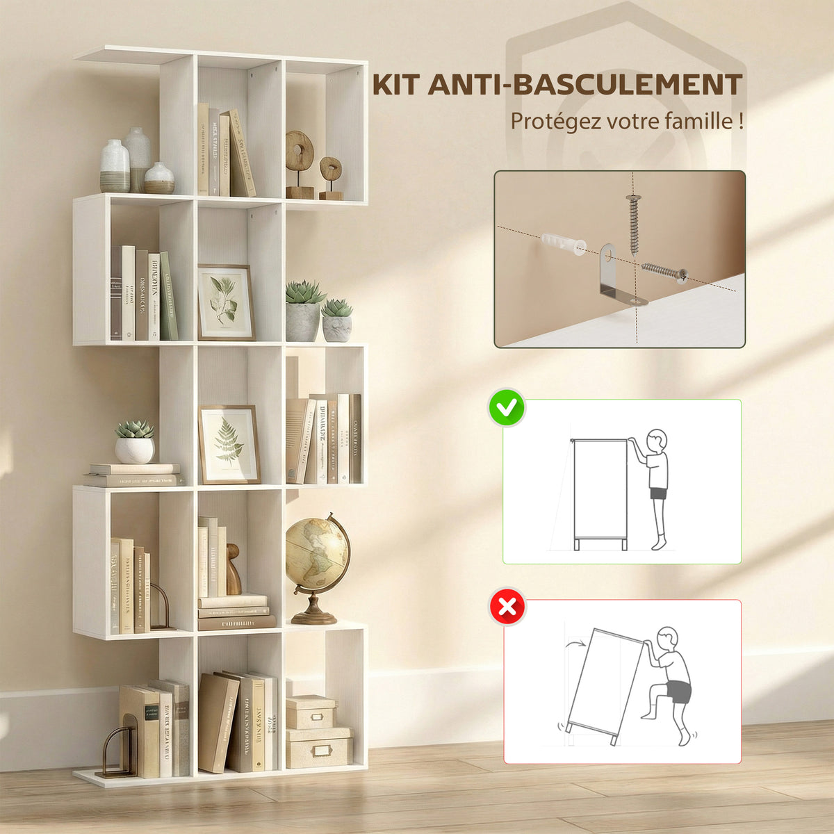 Bibliothèque à 5 niveaux, étagère de rangement en forme S avec 15 compartiments ouverts, 80 x 24 x 200 cm, blanc-6