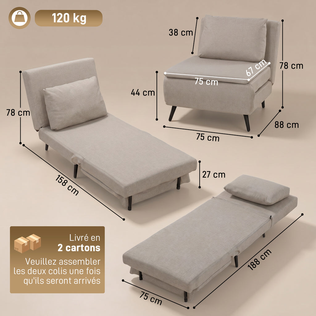 Fauteuil Convertible 1 Place, Fauteuil-Lit Clic-Clac 3 en 1 avec Dossier Réglable, Oreiller, Assise Large, Marron Clair-2