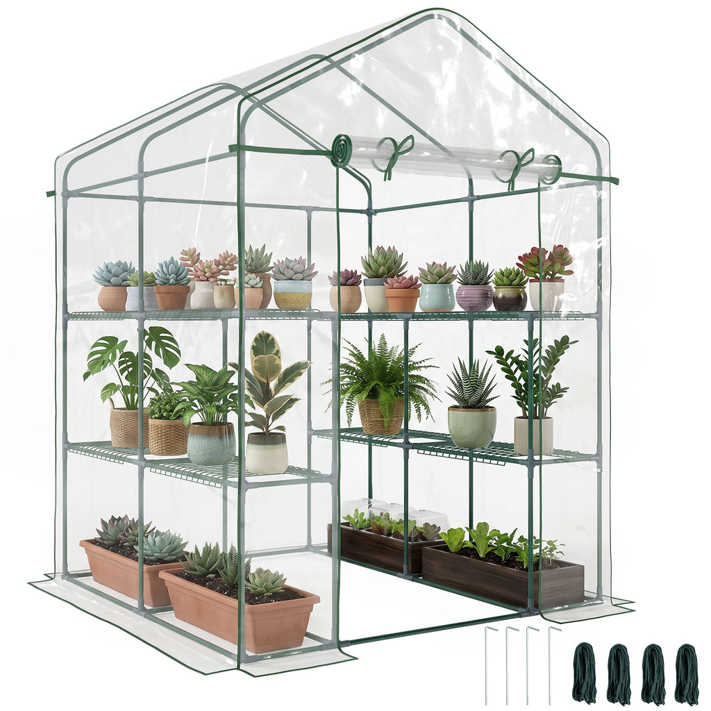 Serre de jardin avec étagères 3 niveaux, serre de balcon, châssis en acier, porte zippée enroulable, pour légumes plantes fleurs, intérieur et extérieur, 143x143x195cm, transparent-0