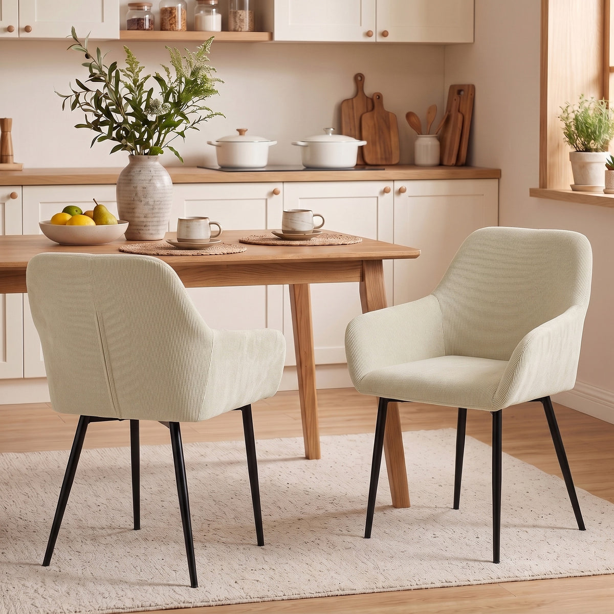 Lot de 2 chaises de salle à manger, chaises de cuisine rembourrées en velours côtelé avec accoudoirs et dossier, crème-1
