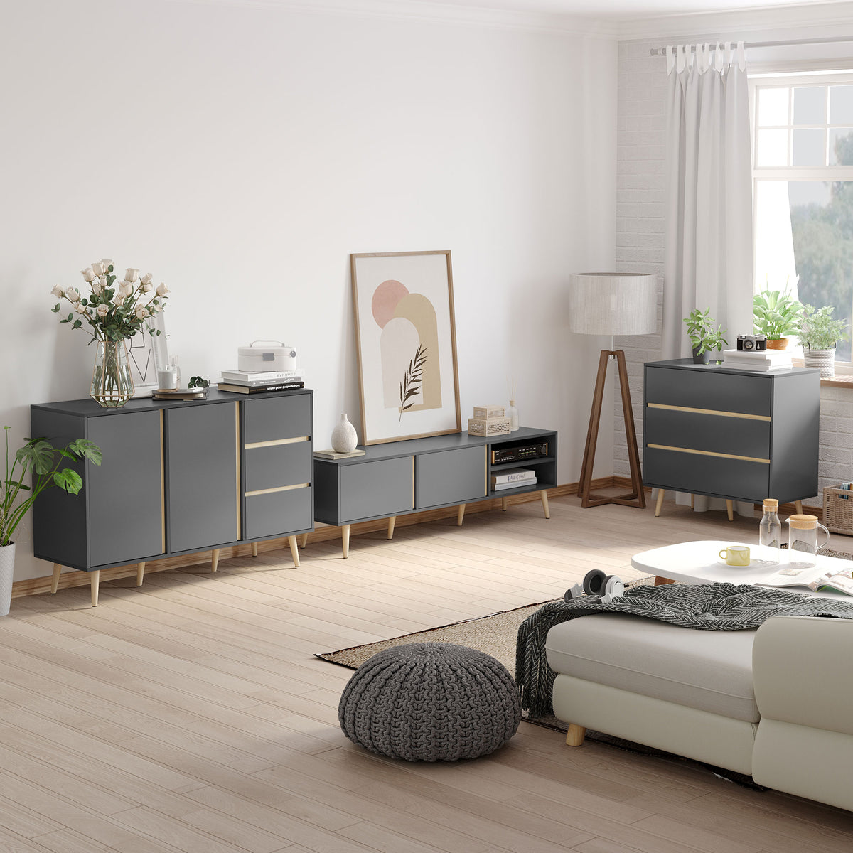 Buffet bas meuble de rangement sur pieds style scandinave 2 portes 3 tiroirs 120 x 40 x 80 cm gris anthracite-1
