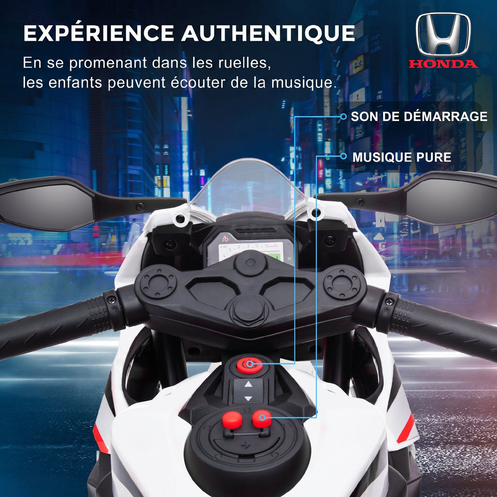 Moto Électrique Enfants sous Licence HONDA 6 V, 3 Km/h, Musique & Lumière, 2 Roues d'Entraînement, Blanc-4
