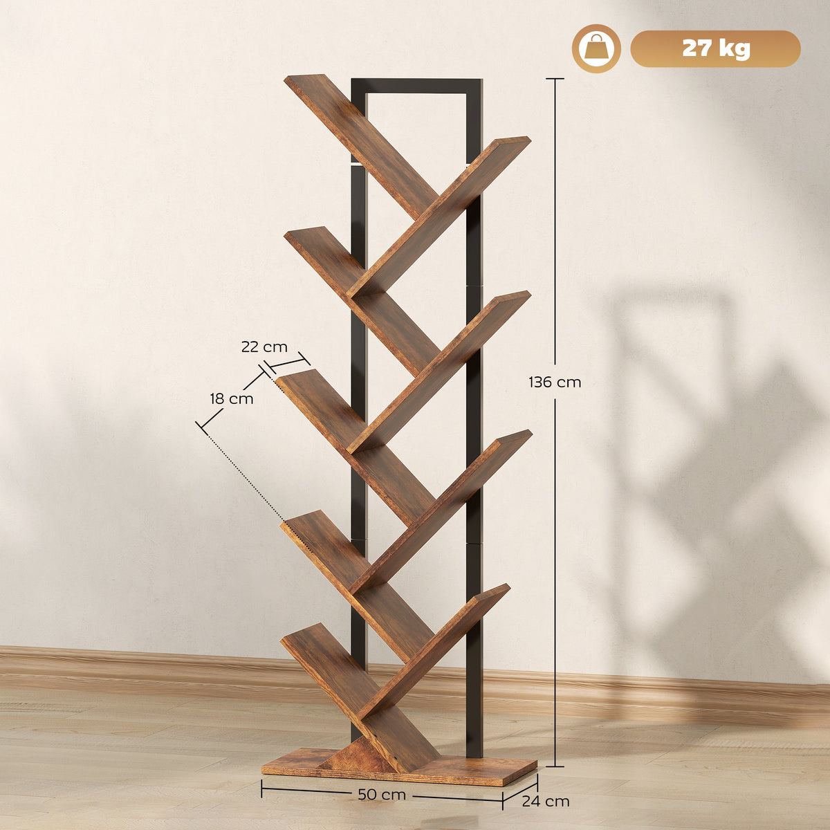 Bibliothèque Arbre à 9 Niveaux, Meuble de Rangement Industriel avec Cadre en Acier, 50x24x136cm, Brun Rustique-2