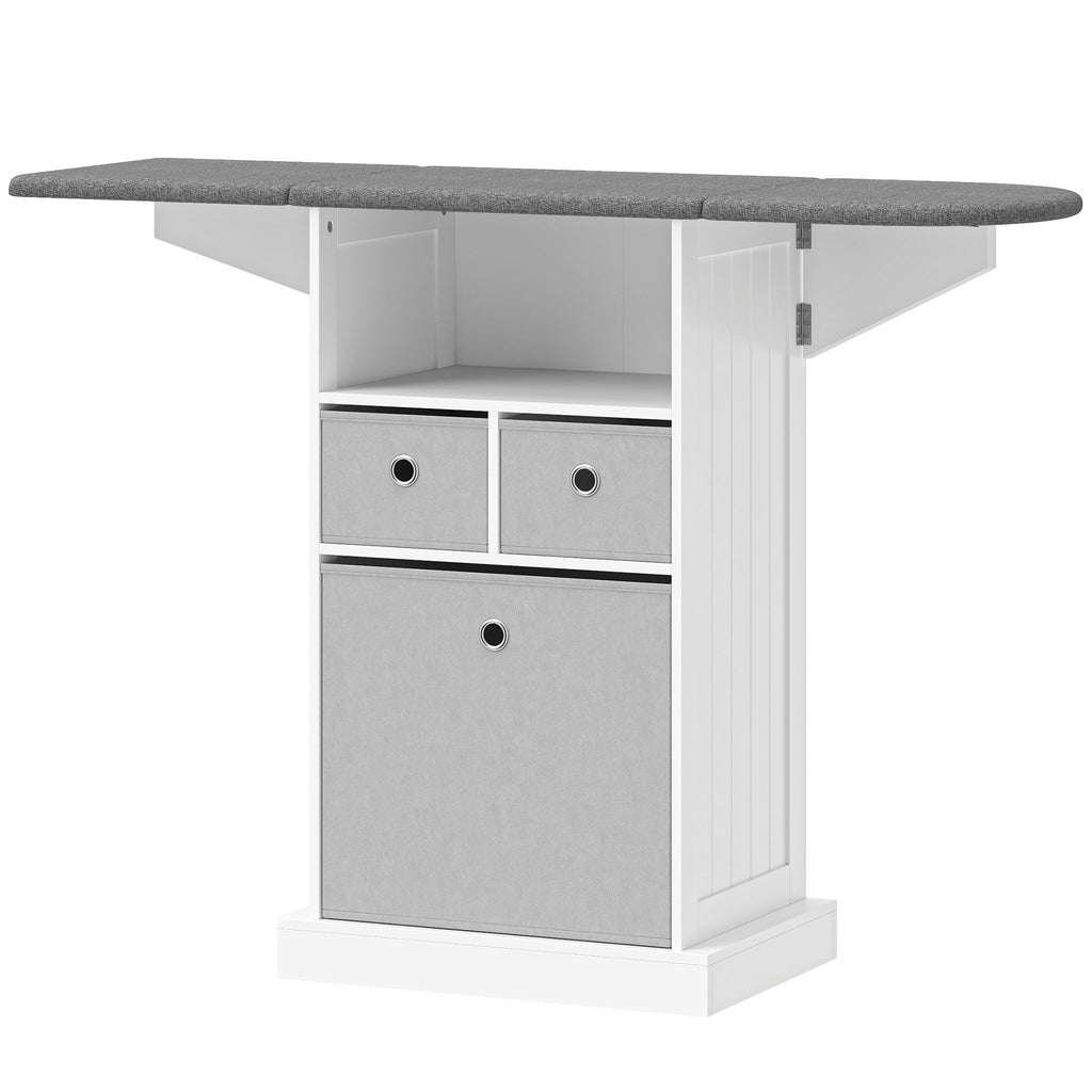Meuble à Repasser, Table à Repasser sur Roulettes, Plateau Rabattable, Compartiment Ouvert et 3 Tiroirs en Tissu, Blanc-0