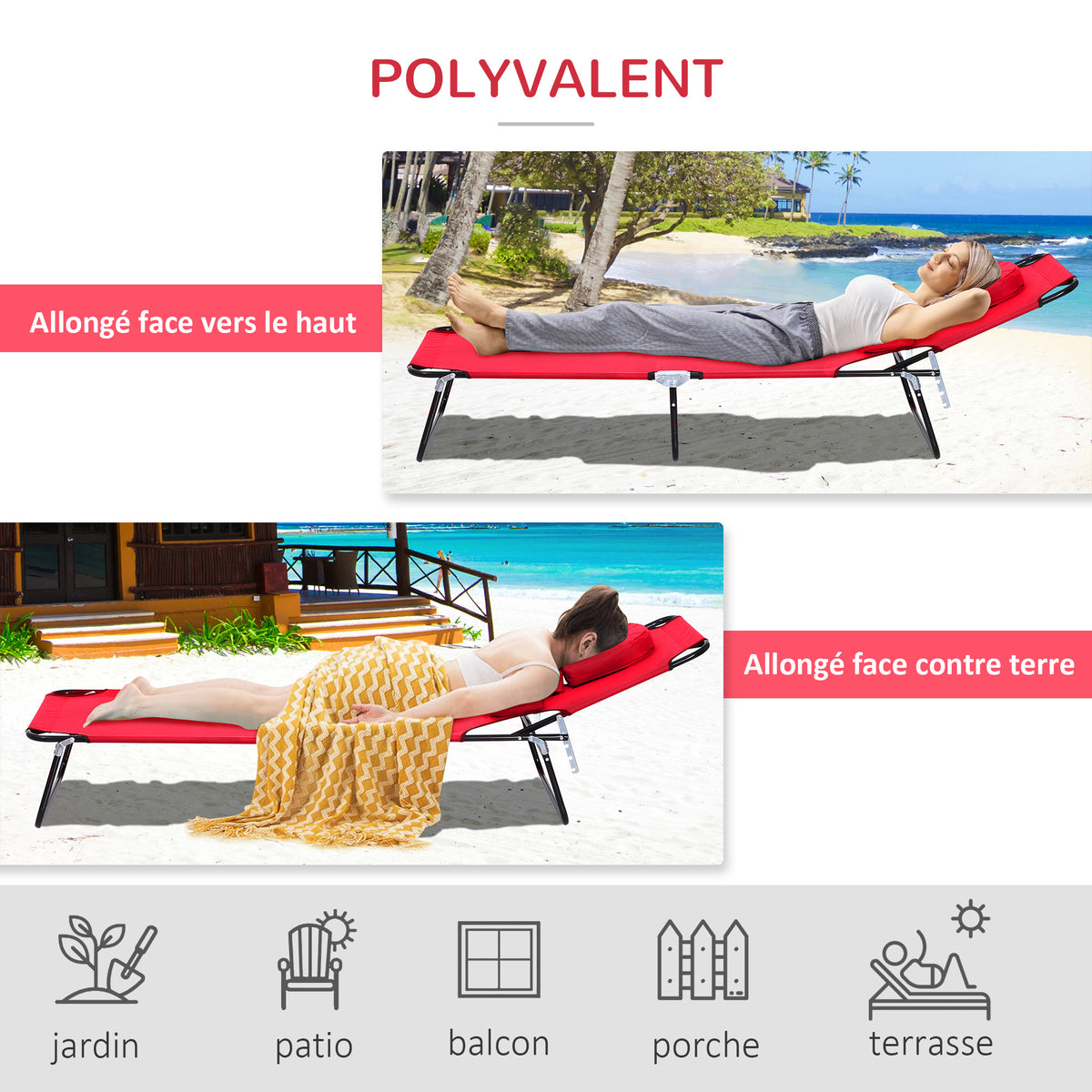 Bain de Soleil Pliable transat inclinable 4 Positions Chaise Longue 3 Coussins fournis Rouge-4