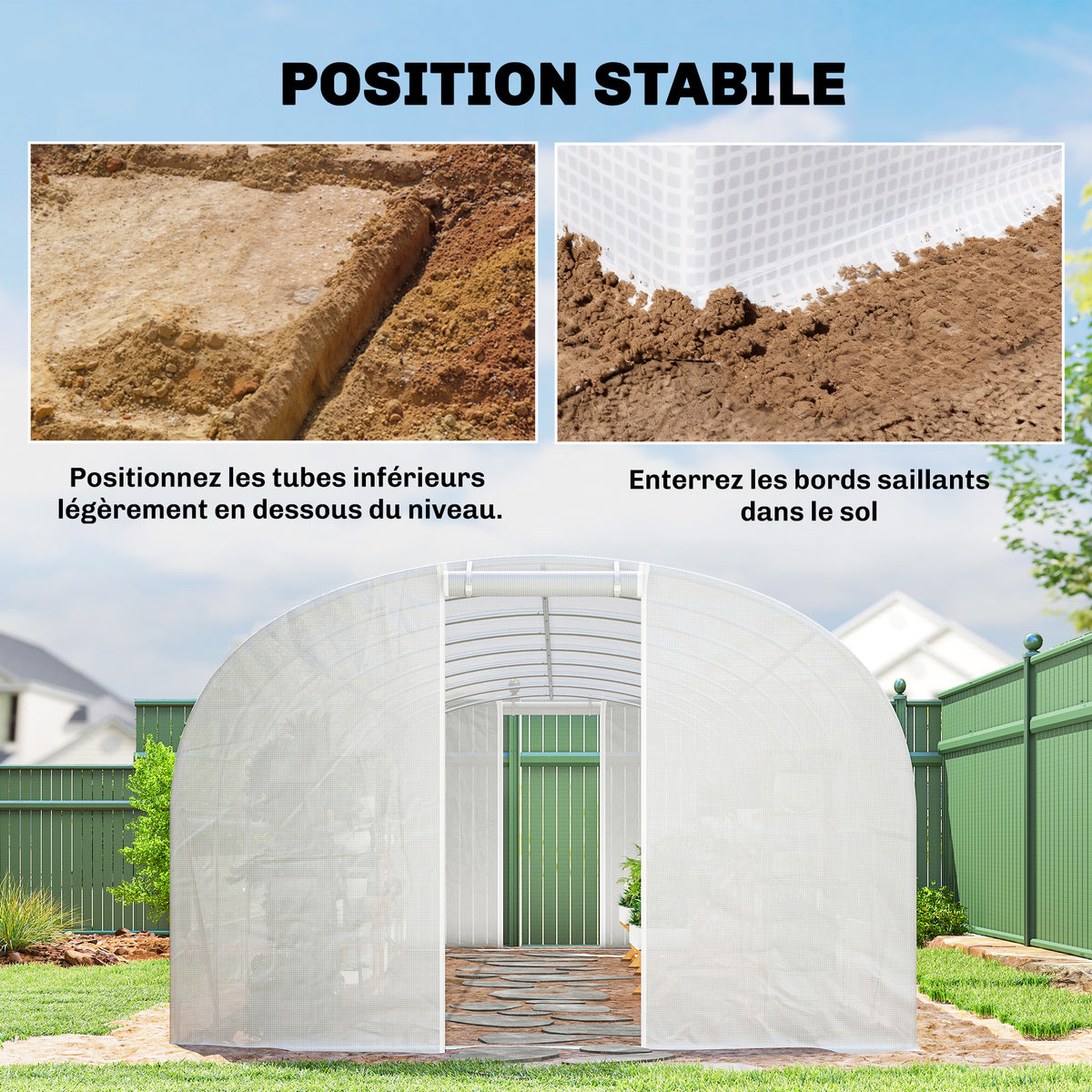 Serre tunnel de jardin 24m², serre de jardin tunnel avec cadre en acier galvanisé, portes et 2 grandes fenêtres, blanc-7