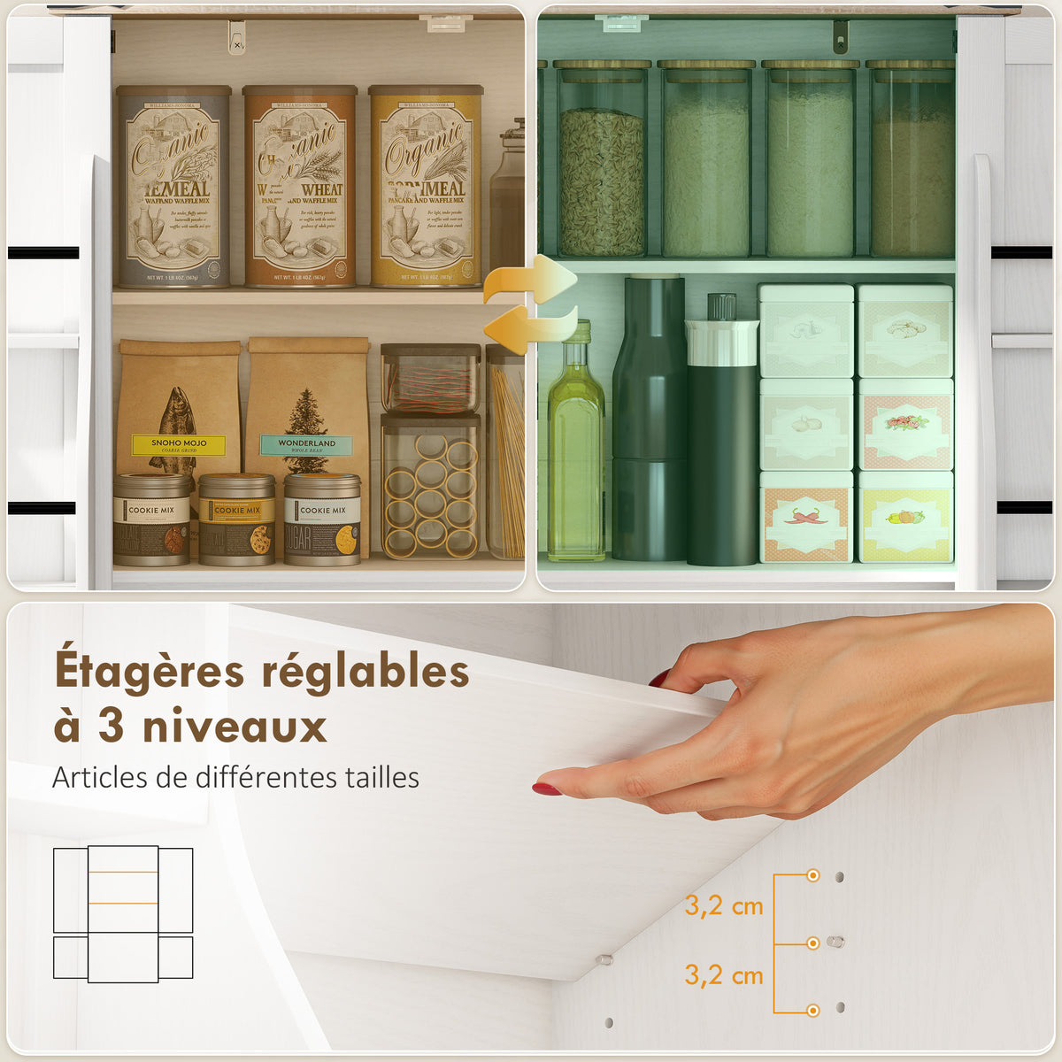 Buffet de cuisine, armoire de cuisine avec 4 portes, 6 porte-épices et étagères réglables, 76,3 x 40 x 136 cm, blanc-4