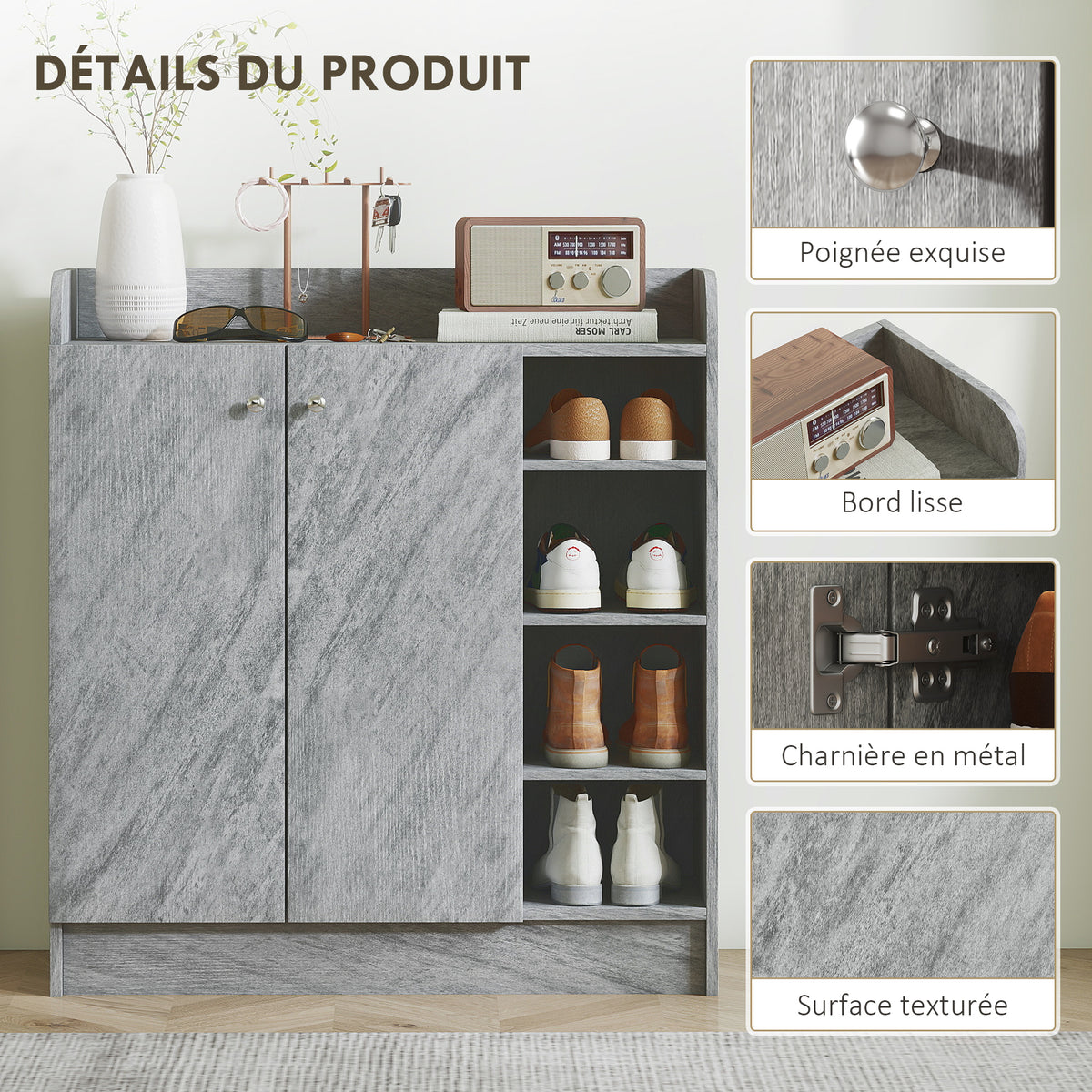 Meuble de rangement à chaussures pour entrée avec 4 compartiments ouverts et placard double porte - étagère réglable-5