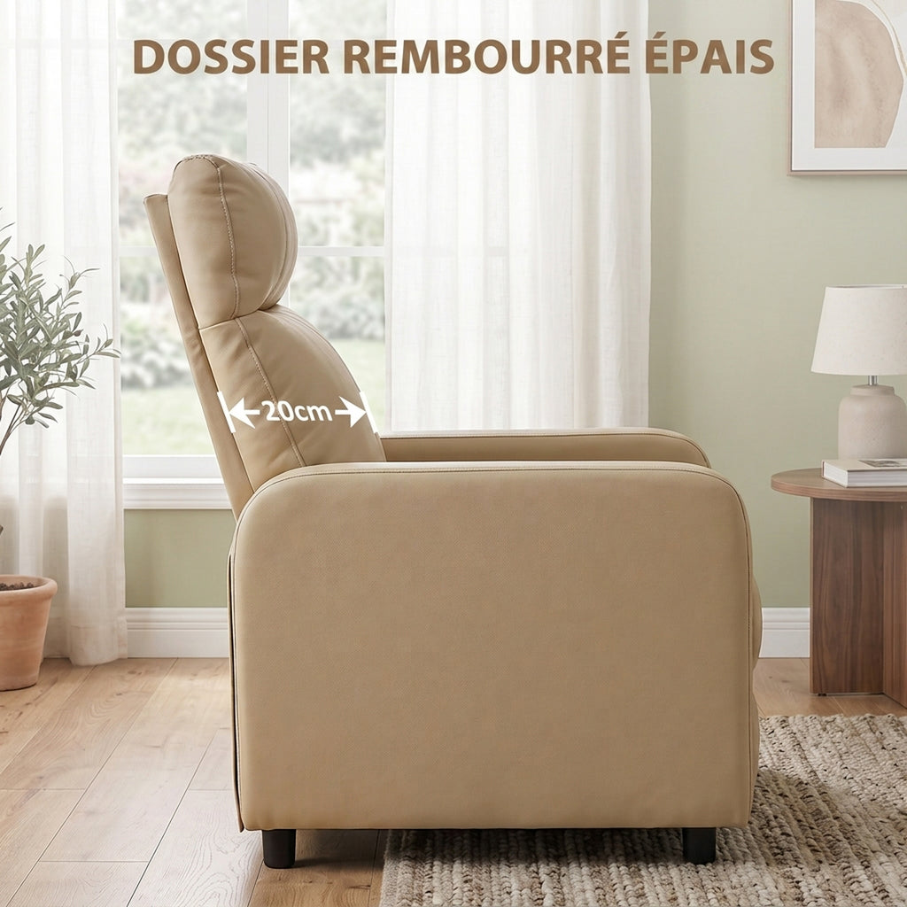 Fauteuil Relax Inclinable, Fauteuil de Relaxation en PU avec Repose-Pieds, Dossier Réglable par Poussée, Beige-6