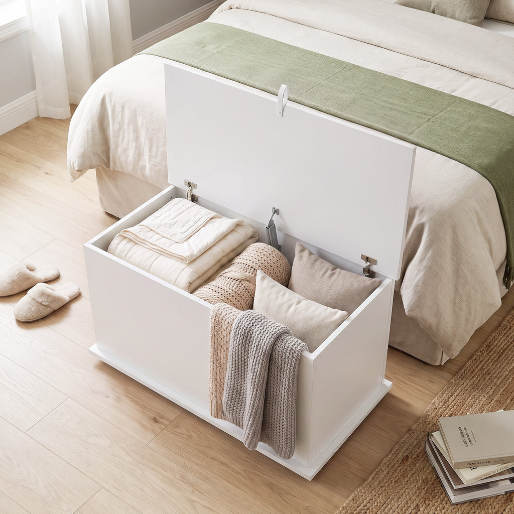 Coffre de Rangement, Banc de Rangement avec Couvercle Rabattable et Charnières de Sécurité, 80 x 40 x 45 cm, Blanc-7