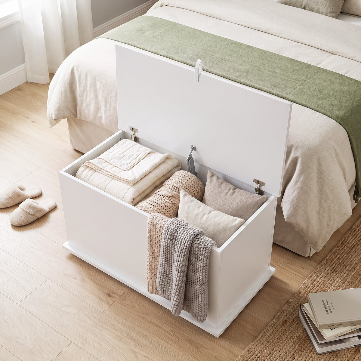 Coffre de Rangement, Banc de Rangement avec Couvercle Rabattable et Charnières de Sécurité, 80 x 40 x 45 cm, Blanc-7